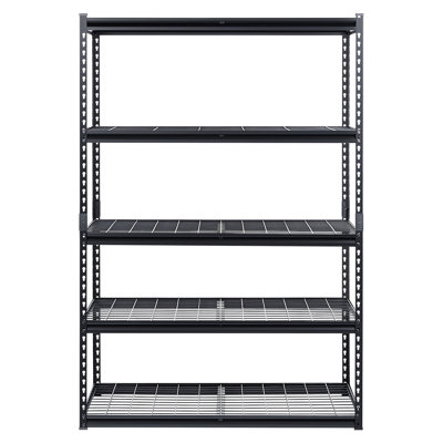 Étagère de garage robuste à 5 niveaux avec une charge de 3000 lb, tablette en acier noir - revêtement thermolaqué par oxydation, tablettes réglables pour divers articles, crochets de rangement, rangement suspendu, pression simple à installer