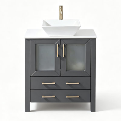 Ensemble de meuble-lavabo autoportant moderne gris 30 po avec lavabo vasque carré en céramique et plateau en pierre matte