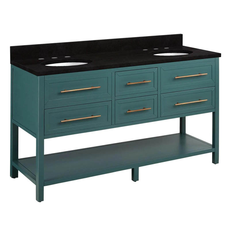 Ensemble de meuble-lavabo double 60 "avec lavabos ovales encastrés Robertson, Quartz blanc à plumes, Bleu marine de nuit