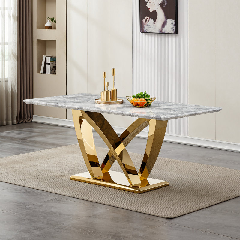 Table de salle à manger en marbre pour 6 personnes, table de salle à manger rectangulaire en faux marbre 70 po avec base en acier inoxydable à finition miroir, table de cuisine moderne en marbre de grande taille (or, gris)