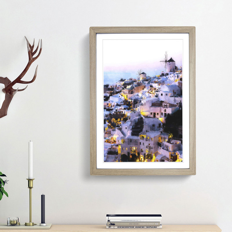 The Santorini Skyline In Greece - Single Picture Frame Painting on MDF, Oak Framed, 33cm H x 24cm W x 2cm D