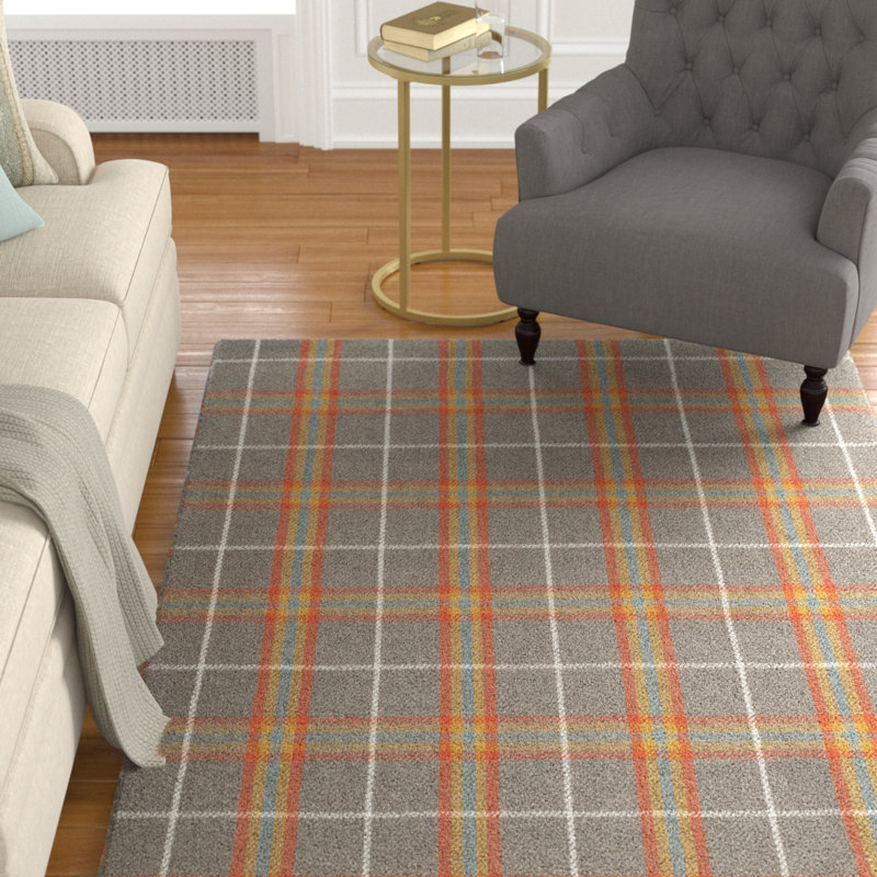 Marotta Hand Loomed Wool Viscose Plaid Rug in Gray/Orange, Rectangle 8' x 10'