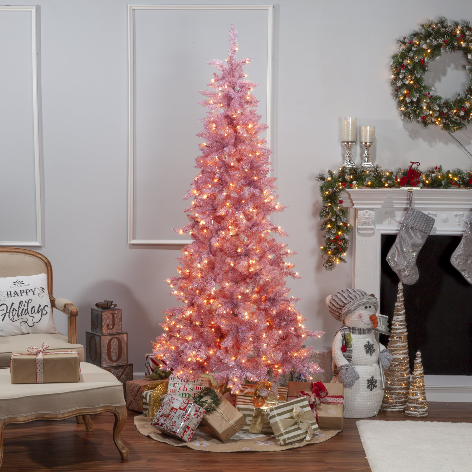 Levion Pink Pre-Lit Pine Christmas Tree, 90" H x 44" W x 44" D