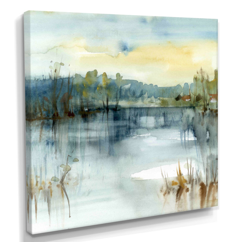 " Summer Lake Landscape Illustration ", 30" H x 30" W, Wrapped Canvas, No Frame