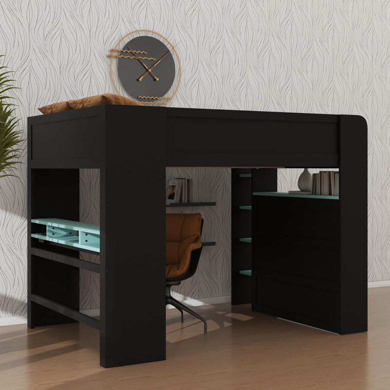 Full-Size Bunk Bed With Height-Adjustable Desk, Includes Wardrobe And RGB Lighting Options, Blue