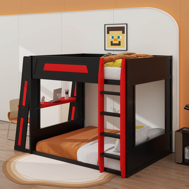 Queen Size Wooden Gaming Bunk Bed With Desk,USB And LED Light, Queen, Black/Red