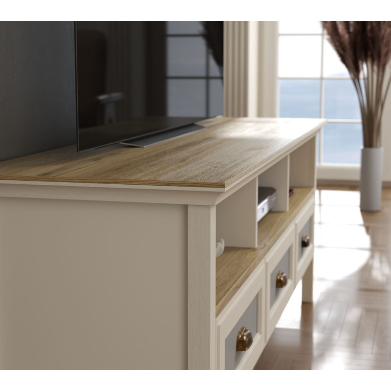 Traditional TV Stand with Multiple Shelves, Cream & Oak Finish, 58 x 59 x 17.4 Inches | 100% Melamine Coated Particle Board, MDF Profile Legs, Metal Handles | Wall-Mountable, Stylish & Functional Design