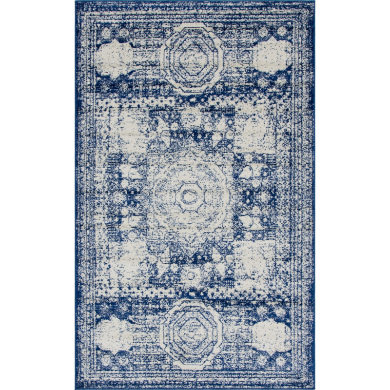 Tapis bleu marine Rizo Pat, Rectangle 5 pi 1 po x 8 pi