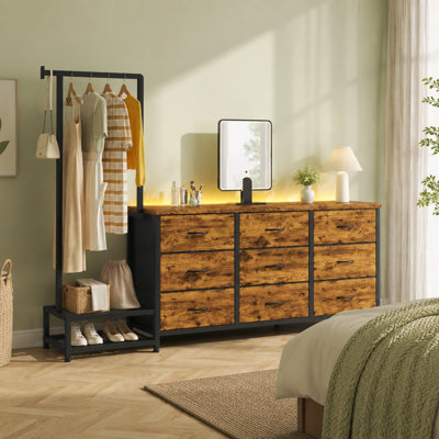 Commode 9 tiroirs en tissu avec éclairage DEL, barre à vêtements et tablette à 2 niveaux