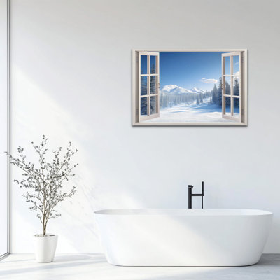 Large Winter Canvas Wall Art Window View Snowy Landscape Print Blue Mountain Forest Poster Serene Nature Picture Canvas Artwork for Living Room Bedroom Office Wall Decor Ready to Hang 18x24 Inches, 36×48 Inches