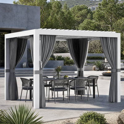 Aurora X 10 pi Pergola à persiennes avec amants à double couche réglables, système de gouttière intégré et prise d'alimentation USB, moustiquaire et rideaux