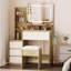 Bureau de coiffeuse moderne avec miroir et lumières DEL réglables, 4 tiroirs, tablettes de rangement, prise de courant, ports USB-904214661