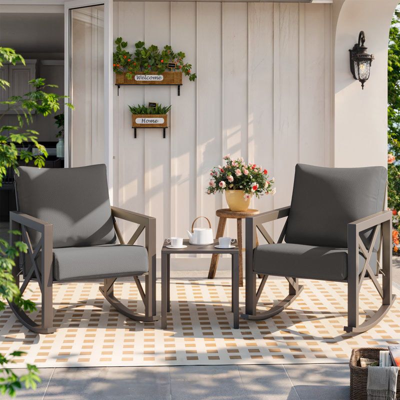 2-Person Outdoor Rocking Chair Set with Table and Cushions, Gray