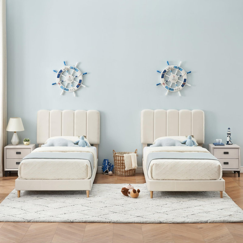 Structure de lit plateforme en velours avec tête de lit, Beige