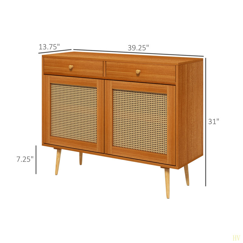 Armoire de rangement, armoire de cuisine Boho avec 2 tiroirs, tablette réglable, portes en rotin et pieds en bois, armoire d'appoint pour le salon