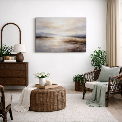 Golden Sunset Lake Landscape Artwork, Warm Living Room Pictures, Framed Canvas Giclee Print Wall Art