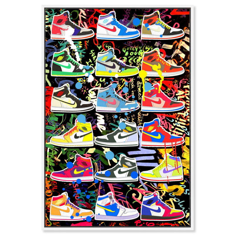 "Bold Sneaker Collection", art urbain graffiti sur toile par Notoriart, H 16 po x l 11 po, Cadre blanc