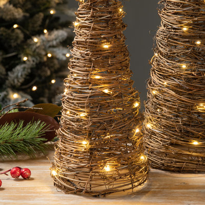Set of 2 Lighted Rattan Christmas Table Tree Decor with Timer