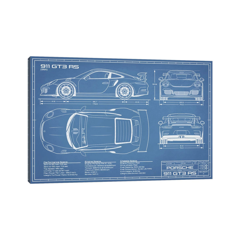 Porsche 911 GT3 RS (991) Blueprint by Action Blueprints - Wrapped Canvas Print, 101.6 cm H x 66.04 cm W x 3.175 cm D