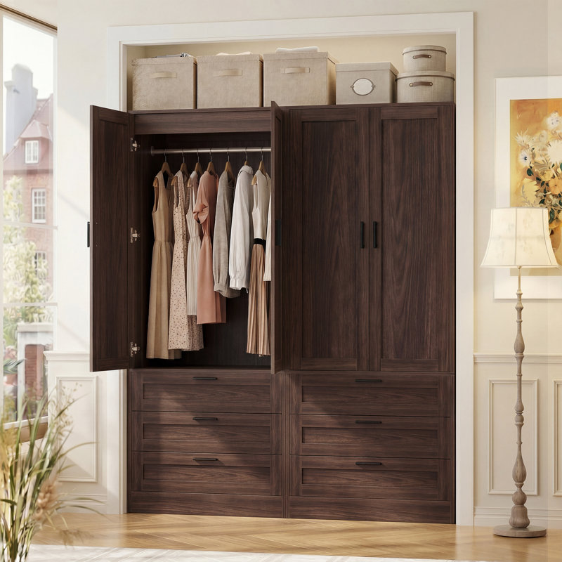 Armoire-penderie l 55 po avec 6 tiroirs, rangement pour garde-robe avec portes et tringle, Noyer