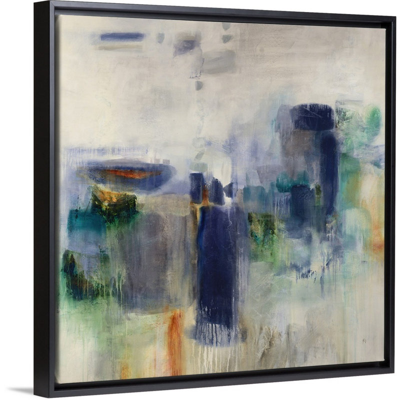 « stacking pierres », peinture sur toile, H 21,7 po x l 21,7 po x P 1,75 po, Cadre flottant noir
