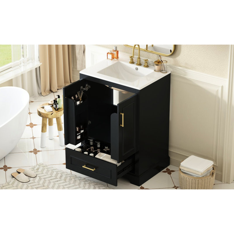 Meuble-lavabo de 24 po avec lavabo en céramique, structure en bois massif, charnières de porte à fermeture en douceur, tiroir divisé et rangement à double porte pour une mise à niveau pratique. Construction moderne, mécanisme, décoration intelligente