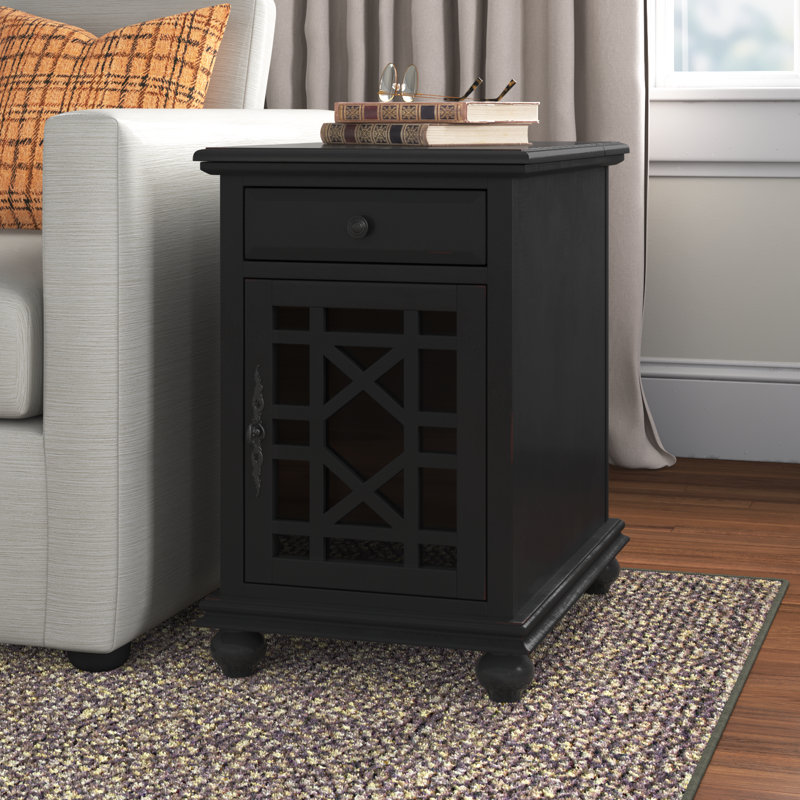 Ahmara End Table with Storage and Built-In Outlets, Antique Black Top / Antique Black Base
