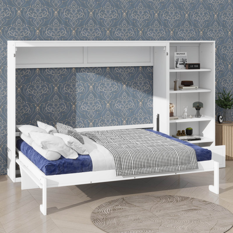 Grand lit escamotable mural avec rangement réglable et tablette, cadre de lit avec 1 tiroir personnalisable, Blanc