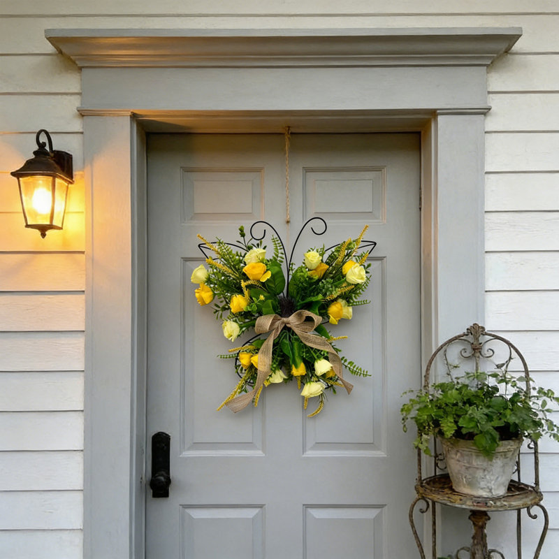 Couronne de fleurs artificielle Butterflys Yello Roses avec cadre en métal Rustics Spring Summer