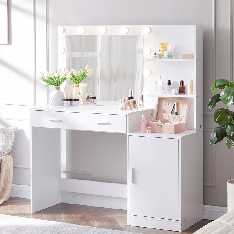 Vanity Desk With Mirror And Lights, 46.4In White Dressing Table For Bedroom 2 Big Drawers & Large Vertical Organizer, 3 Level Dresser, Lighting Modes Adjustable Brightness