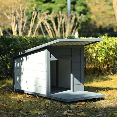 Grey Wood Dog Kennel With 4 Movable Wheels And Waterproof Covering Function Feature Large House Lockable Feeding System