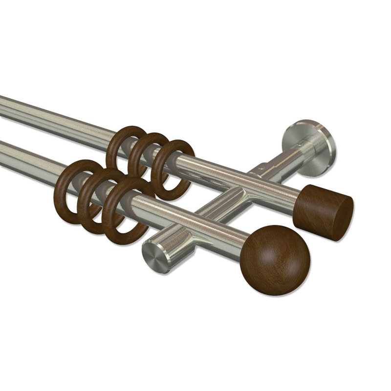 Glynn Curtain Pole Set, 5cm H x 240cm W x 15cm D, Stainless Steel/Walnut Lacquered