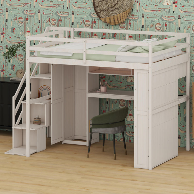 All-In-One Loft Bed Featuring Built-In Closet, Workspace, Storage Cubes And Ambient Lights, Beige