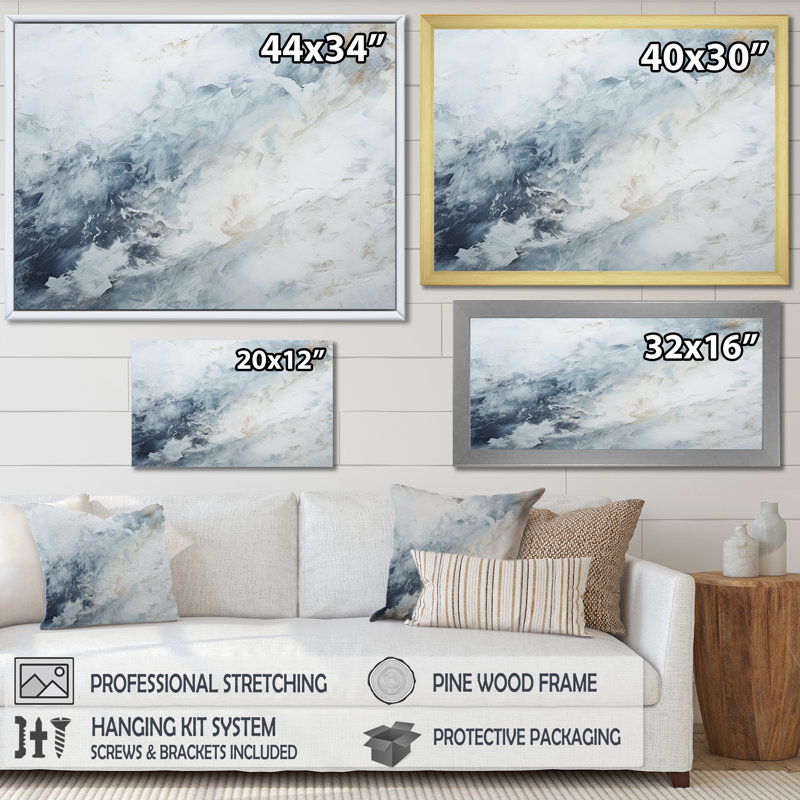 «Blue and White Snow Blooming II - Abstract Shapes», art mural, H 30 po x l 40 po x P 1,5 po, Cadre flottant noir