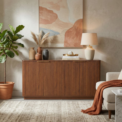 63" Wide Curved Wave Buffet Cabinet with Storage, Sideboard TV Stand for Living Room, Bedroom, Hallway, Walnut