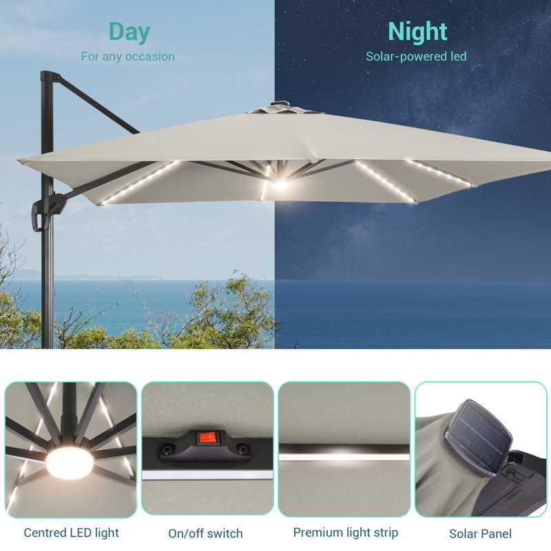 Parasol carré en porte-à-faux à DEL 10 x 10 po avec base Doreena, gris
