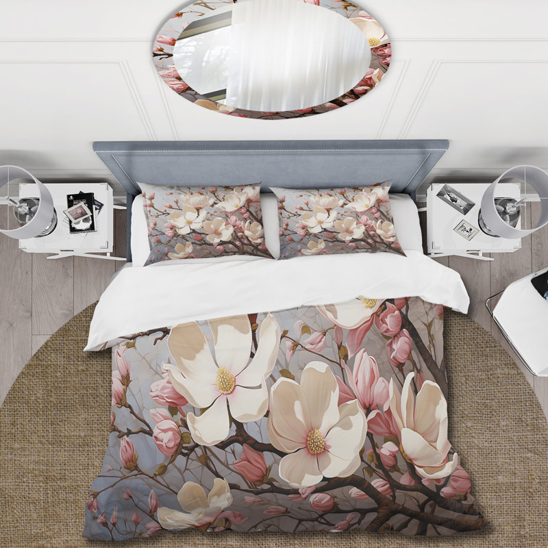 Ensemble de housse de couette floral blanc et rose Magnolias Magnolia Symphony I - polyester en microfibre