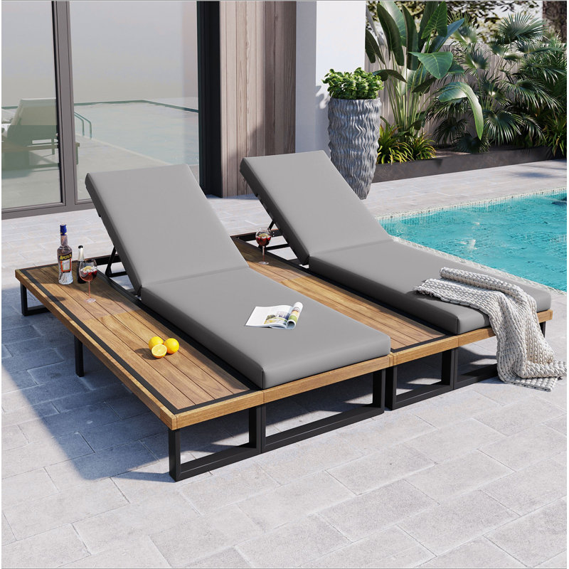 GO Outdoor Chaise Lounge Chair Set Of 2 With 5-Position Adjustable Backrest , Reclinings With Cushions, Patio Loungers With Wood Side Table, Sturdy Frame For Poolside, Garden, And Backyard