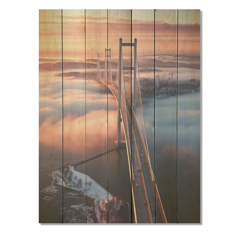 Pont bleu et rose avec vue sur le coucher de soleil I - Ponts sur bois, H 20 po x l 10 po