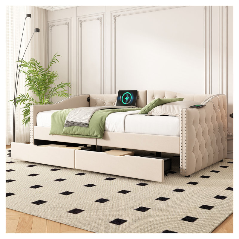 Lit de jour simple rembourré en velours beige avec tiroirs de rangement, lit d'invité de style Mid-Century pour chambre à coucher