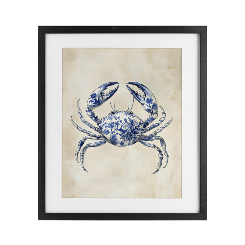 Crabe floral bleu, reproduction sous verre, design par Arlington Prints, Cadre noir minuit, H 16 po x l 13 po
