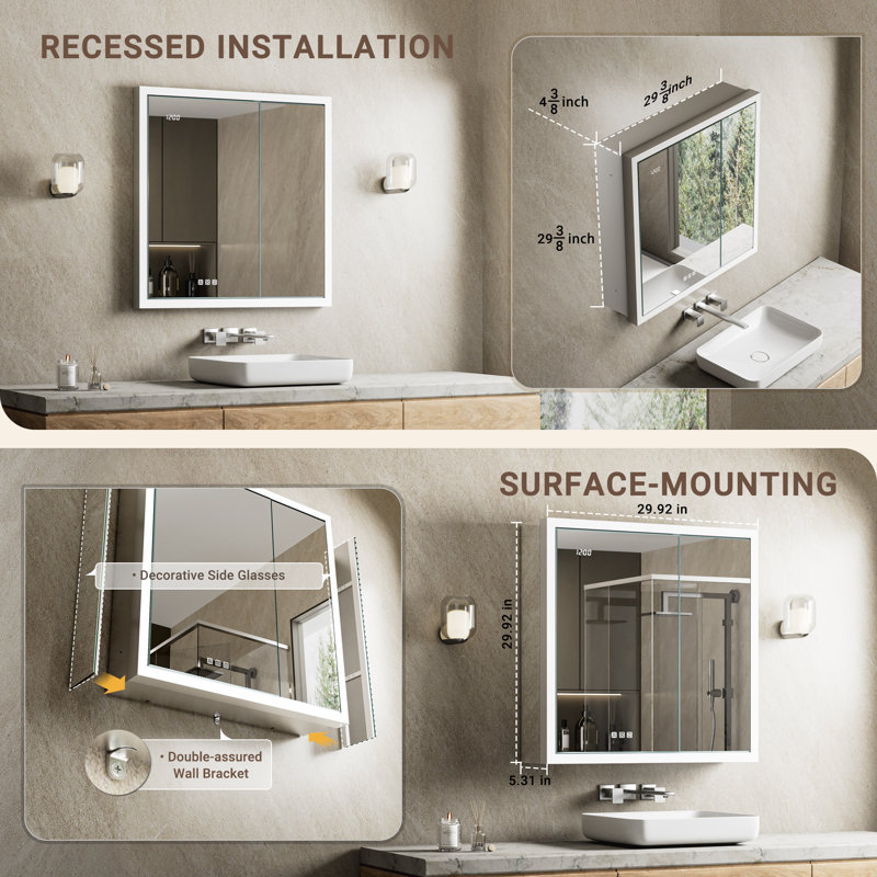 Ciyanna Recessed LED Lighted Medicine Cabinet with 3 Adjustable Shelves, Defogger, Outlets & USBs, 30" H x 30" W x 5" D