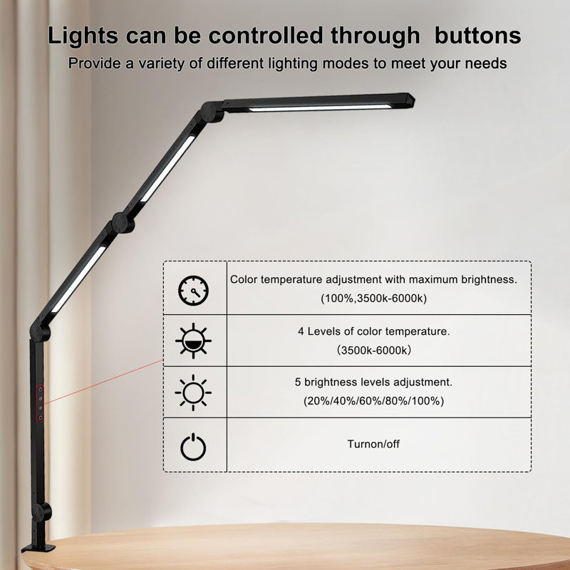 LED Desk Lamp With Clamp Flexible 4 Sections Swing Arm Three Light Sources Desk Light, 4 Colour Modes & 5 Brightness, Eye Caring Led Table Light With Memory Function For Table Lamps For Office
