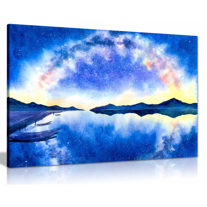 Starry Night With Galaxy Watercolour Blue - Wrapped Canvas Painting, 51cm H x 76cm W