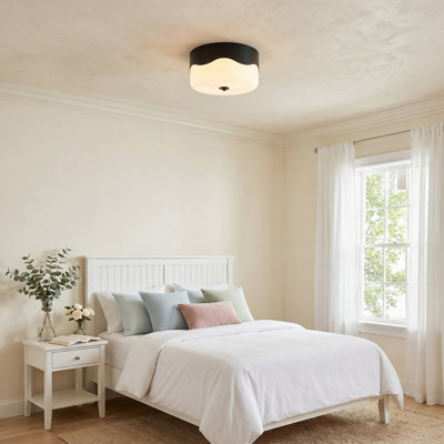 13''-2 Lights Matte Black Modern Milk Glass Drum Dimmable Swivel Lamp Head Flush Mount Lighting For Bedroom/Hallway