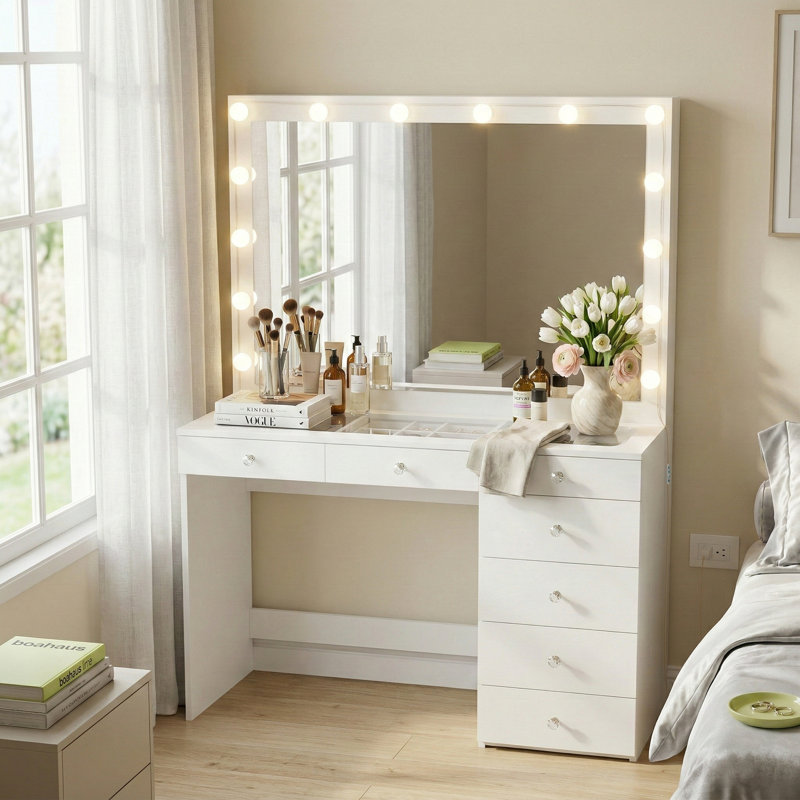 Boahaus Joan Add-On Lighted Makeup Vanity Desk with 7 Drawers, Glass Top & Power Outlet, Smoke White