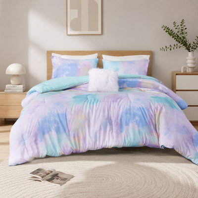 Queen Watercolor Tie Dye Printed Comforter Set With Throw Pillow