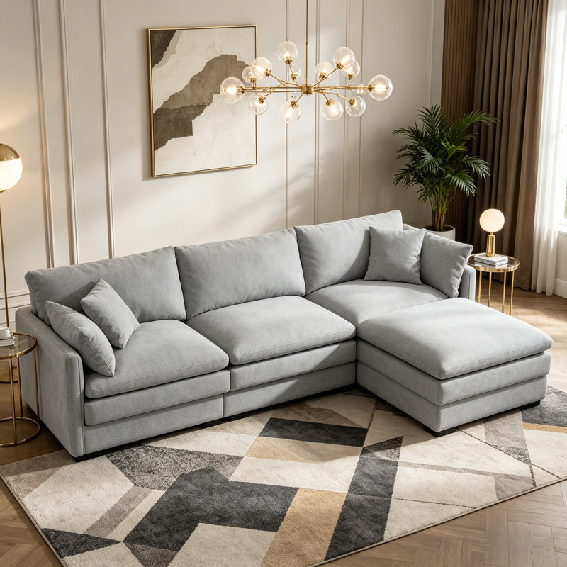 3-Seater Comfy Cloud Couches With Movable Ottoman, Gray