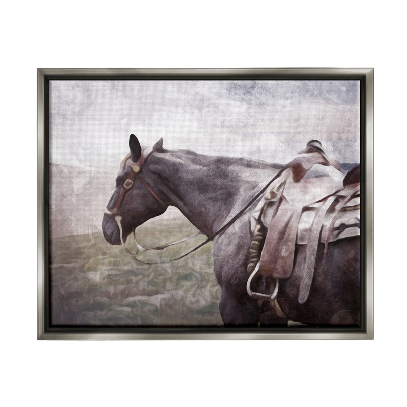 Cheval avec selle encadré sur toile par Milli Villa, Cadre flottant gris lustré, H 17 po x l 21 po x P 1,7 po