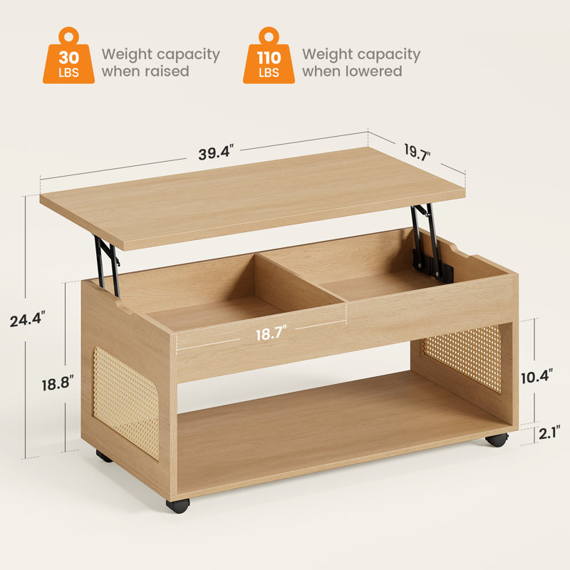 39.4" Lift Top Extendable Rattan Coffee Table With Locking Casters, Hidden Compartment And Large Storage Shelf